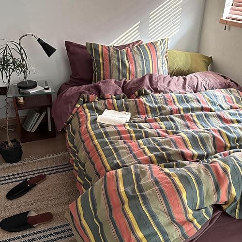 mixinni Vintage Striped Duvet Cover Set Queen Size - 3 Piece 100% Washed Cotton Bedding Set, Soft & Breathable, Colorful Striped Pattern Printed Comforter Cover for All Seasons thumbnail 8