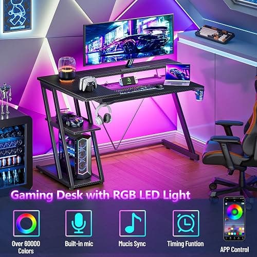 Korfile 40 Inch Gaming Desk with Power Outlet & LED Lights, L Shaped Computer Gaming Table with 3 Tiers Storage Shelves, Corner Gamer Desk with Monitor Stand for Small Space, Carbon Fiber Black thumbnail 5