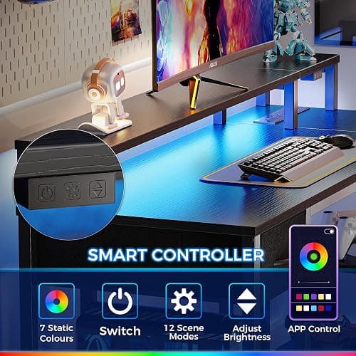 SUPERJARE 47 inch L Shaped Gaming Desk with LED Lights & Power Outlets, Reversible Computer Desk with Shelves & Monitor Stand, Corner Desk with Drawer, for Home & Office, Black, 7998BC thumbnail 5
