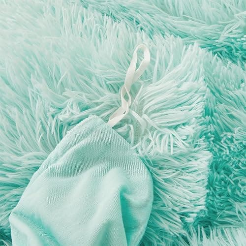 FOPPA Green Comforter Cover Set - Ultra Soft Plush Bedding Set (1 Faux Fur Duvet Cover + 2 Faux Fur Pillow Cases) Mint Green, Queen thumbnail 8