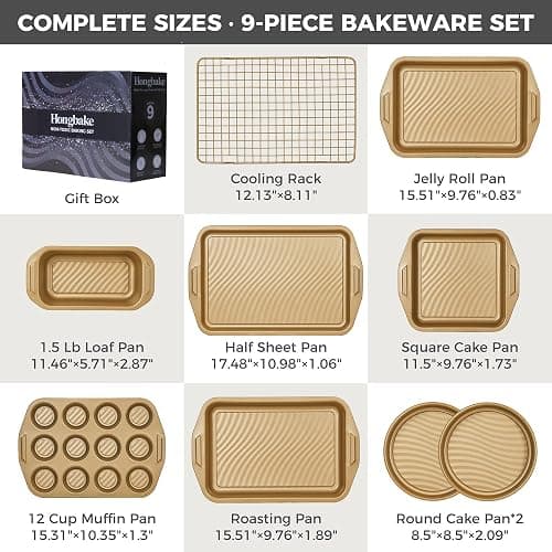 HONGBAKE 9-Piece Nonstick Bakeware Set, Wave Texture for Easy Release, 0.8mm Thick Non-Toxic Baking Pans Set, Includes Stackable Cookie Sheets, Antique Gold thumbnail 6