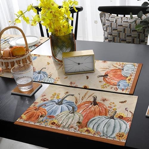 Fall Leaves Pumpkin 90inch Table Runner with Placemats Set, Thanksgiving Farmhouse Washable Non-Slip Cotton Linen Table Runners and Heat Resistant Matching Table Mat Set for Dining Table/Kitchen thumbnail 4