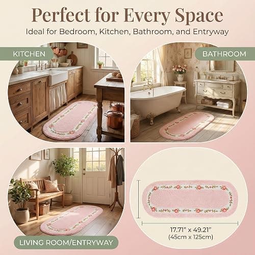 Stay Young Decorative Rose Flower Area Rug,Bedroom Living Room Bathroom Rugs,Bath Mat Kitchen Mat,Super Soft Non Slip,Floral Design Coquette Room Decor,Pink 17.71 x 49.21 Inch thumbnail 6