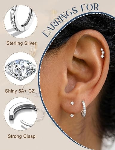 FIASASO 3 Pairs 925 Sterling Silver Hypoallergenic Earrings for Women Trendy - 14K Gold Plated Stud Hoop Cartilage Earrings Set Small Earring Stacks for Sensitive Ears Non Tarnish Dainty Silver Earring thumbnail 8