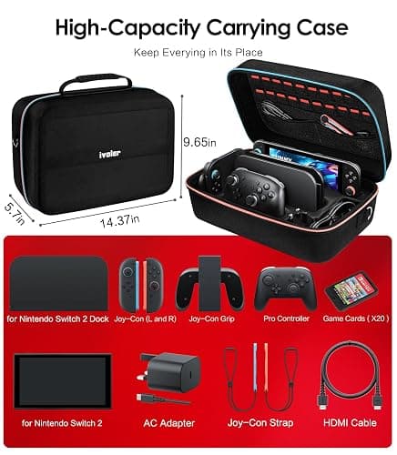 ivoler Carrying Storage All in One Case for Nintendo Switch 2 (2025),Portable Travel All Protective Hard Messenger Bag Soft Lining 20 Games for Switch 2 Console Pro Controller Accessories Black thumbnail 3
