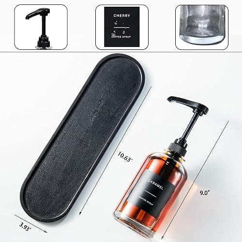 Coffee Syrup Dispenser for Coffee Bar, Glass Syrup Dispenser with 1/4oz Large Capacity Pump, Coffee Syrup Pump Dispenser Bottle for Coffee Station, Coffee Bar Organizer, Black with Tray,16.9oz thumbnail 3