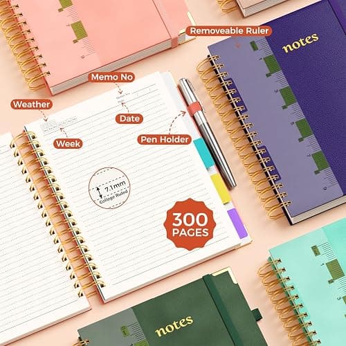 XYark B5 Hardcover Spiral Notebook, 8"x10" College Ruled Notebooks with Removable Dividers Tabs & Ruler, 5 Subject Notebook 300 Pages, Large Lined Journal for Women Men School Work Office, Pink thumbnail 6
