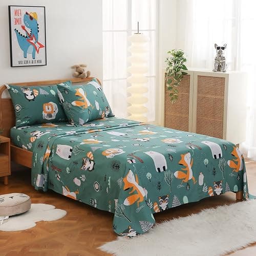 JSD Green Forest Animals Kids Sheet Set Full Size, 4 Piece Woodland Printed Microfiber Bed Sheets Deep Pocket thumbnail 2