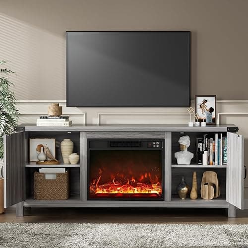 YESHOMY Fireplace TV Stand with Two Barn Doors and Storage Cabinets for Televisions up to 65+ Inch, Entertainment Center Console Table, Media Furniture for Living Room, 58 Inch, Gray Wash thumbnail 4