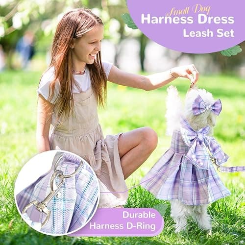 PETCARE Cute Dog Dress Clothes for Small Dogs Cats Girl Female Purple Plaid Bow Tie Dog Harness Dresses Leash Set with Pearls Bow Accessories Birthday Puppy Dress Shih Tzu Yorkies Chihuahua Outfits thumbnail 2