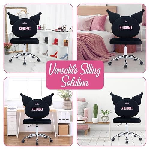 Impressions Vanity Kuromi Armless Swivel Cute Desk Chair for Bedroom, Velvet Makeup Vanity Chair with Back, Rolling Wheels Silver Metallic Base and Adjustable Height (Black) thumbnail 6