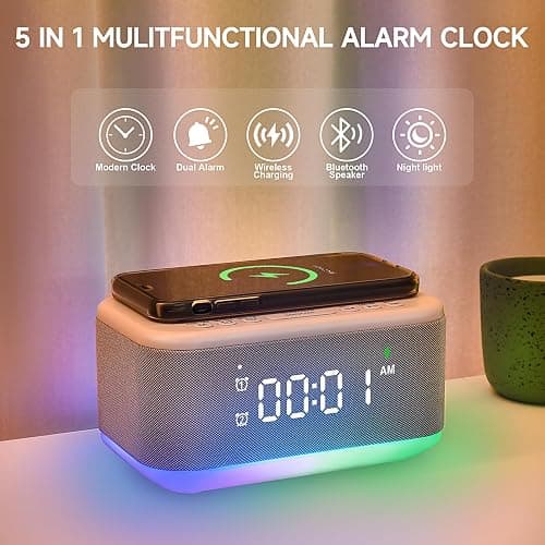 Fansbe Tech Alarm Clock Speaker Wireless Charger, Digital Alarm Clocks Bedrooms Bluetooth, Alarm Clock Dimmable Light Bedrooms Dual Alarm Snooze Dimmer 12 24H RGB Night Light Bluetooth USB AUX, Gray - Gray thumbnail 2