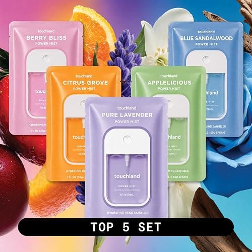 Touchland Top 5 Hydrating Hand Sanitizer Spray Set Travel Size | TSA ready Power Mist with skincare benefits. Applelicious, Berry Bliss, Blue Sandalwood, Citrus Grove and Pure Lavender thumbnail 2