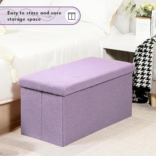 PINPLUS Folding Storage Ottoman Bench, Sherpa Ottoman with Storage, Large Long Shoes Bench Chest with Lid, Footrest for Living Room, Entryway, Purple, 31.5'' x 15.7'' x 15.7'' thumbnail 4