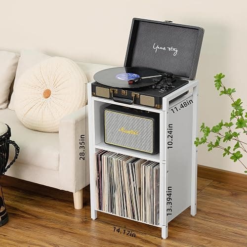 YAHARBO Record Player Stand, 3-Shelf Vinyl Record Holder with Storage, White Record Stand, Vintage Turntable Stand Holds Up to 100 Albums,Record Table with Handle for Living Room,Bedroom thumbnail 3