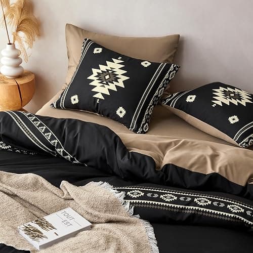 Wake In Cloud - Western Comforter Set, Boho Southwestern Farmhouse Style with Aztec Diamond Geometric Pattern, Soft Lightweight Bedding, 3 Pieces, Black Brown, Queen Size thumbnail 6