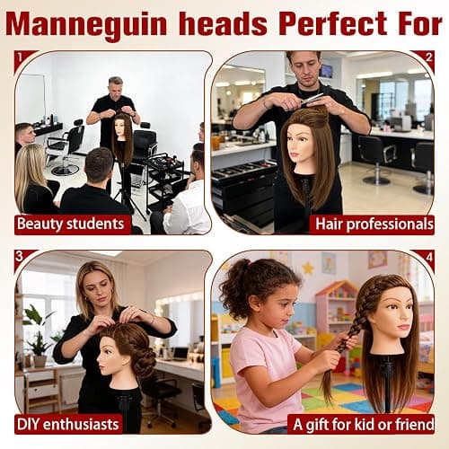 100% Mannequin Head Human Hair,22" Dark Brown Real Hair Cosmetology Mannequin Manikin Head Hair Styling Hairdressing Practice Training Doll Head with Clamp Holder and Tools thumbnail 6
