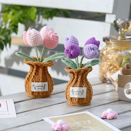 YOOJEE Tulip Crochet Flower Potted Plant Handmade Desk Decor Gift thumbnail 3