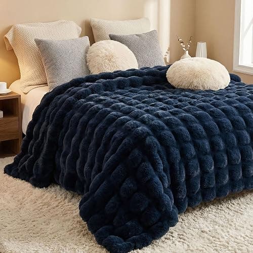 JONIYEAR Soft Fuzzy Bubble Faux Rabbit Fur Throw Blanket for Couch 50" x 60", Reversible Textured Fluffy Warm Thick Blanket for Winter,Luxury Cozy Puffy Shaggy Comfy Furry Blankets for Sofa, Navy Blue thumbnail 4