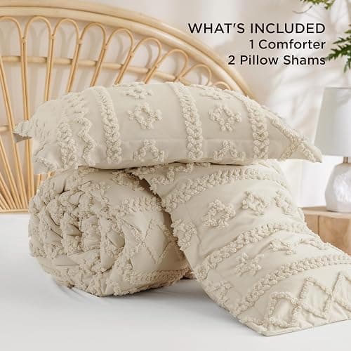 Bedsure Tufted Boho Comforter Set Full Size - Beige Boho Bed Set, GentleSoft™ 3 Pieces Farmhouse Shabby Chic Embroidery Bedding, Gifts for Woman, Soft Jacquard Full Comforter for All Seasons thumbnail 8