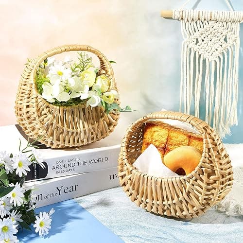 Taiyin 3 Pack Rattan Flower Girl Basket Small Half Moon Straw Wicker Basket with Handle Ideal for Wedding Flower Girl,Picnic,Garden Storage and Home Decor (Nature) thumbnail 2