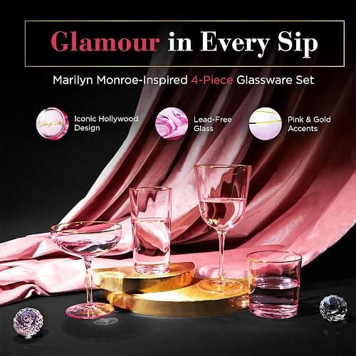 Dragon Glassware x Marilyn Monroe Pink Drinkware Set of 4 - Includes Wine, Martini, Whiskey & Drinking Glasses - Marilyn Monroe Gifts for Women - Pink Glassware Set thumbnail 3