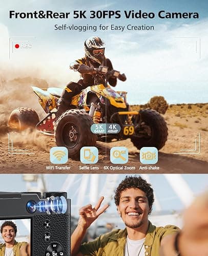 Digital Camera, 6X Optical Zoom & WiFi, 5K 30FPS 64MP Vlogging Camera, Rear and Front Cameras for Photography and Video, Autofocus & Anti-Shake, Travel Selfie for YouTube with Flash Dial 64GB Card thumbnail 2