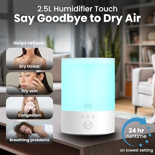 Everlasting Comfort 2.5L Top Fill Humidifier for Bedroom – Quiet, Easy to Fill & Clean, 24HR Runtime, Night Lights, Timer, Ultrasonic Cool Mist, Auto Shut-Off for Indoor Use - White thumbnail 3