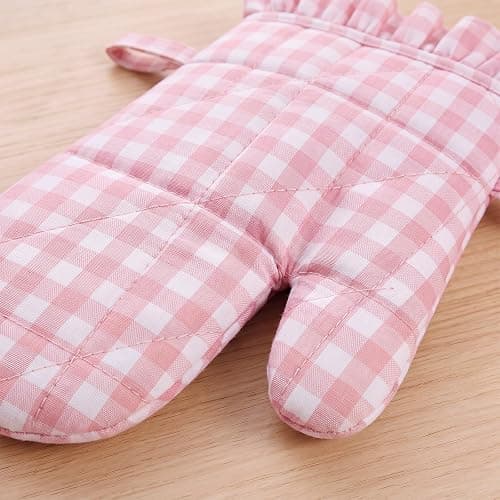 Twistover Ruffle Gingham Oven Mitts 2-Pack Set, Pink, 7"x13" | Checkered Oven Mitts, Plaid, Cotton Heat Resistant, Non-slip Grip for Baking BBQ, Cute Farmhouse Style, Safe Pot Holders thumbnail 5