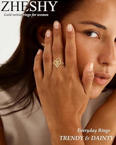 ZHESHY Gold Rings for Women Non Tarnish Dainty 14K Gold Plated Initial Rings Vintage Heart Letter Statement Thumb Rings Size 6-10 Personalized Jewelry Gifts thumbnail 2
