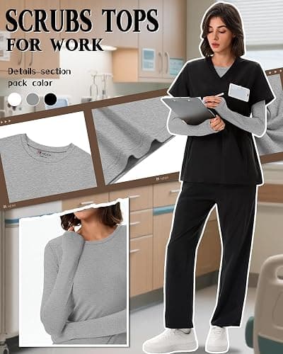 Neer 3 Pack Womens Underscrub Shirts Long Sleeve Crewneck Tops Fitted Layering Clothes Comfort Knit Tops for Nurse thumbnail 2