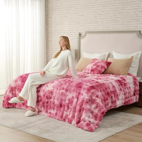 Cozy Bliss Faux Fur Throw Blanket for Couch, Bubble Plush Blanket Queen Size, Fuzzy Soft & Thick Blanket for Bed Sofa Living Room, 90x90 Inches Tie-dye Pink thumbnail 2