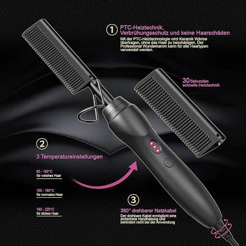 PREMIUM Professional Wunderkamm 2 in 1 Glätteisen I Keramik Haar- und Glättbürste zum Locken, Glätten, Kämmen und Stylen der Haare I Hot heat comb hair straightener für Damen und Frauen (Schwarz) thumbnail 2