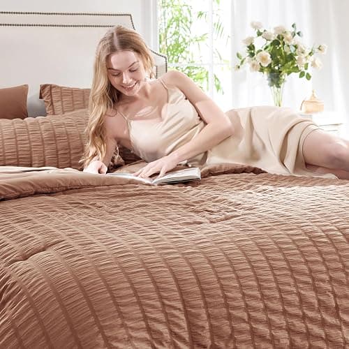 CozyLux Queen Comforter Set Mocha Mousse Seersucker 7 Pieces Bed in a Bag Queen Comforter Set with Sheets, Luxury Bedding Sets with Down Alternative Comforter, Sheets, Pillowcases & Shams All Seasons thumbnail 3