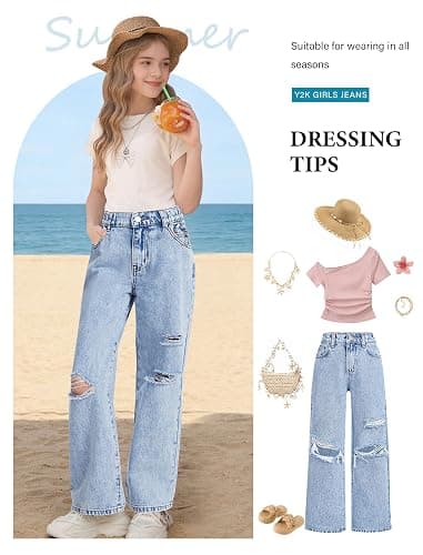 oyyniis Baggy Jeans for Girls Wide Leg Ripped High Elastic Waisted Denim Pants Cute Summer Trousers Y2K Streetwear 7-14Y thumbnail 4