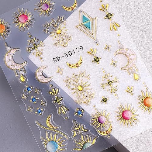 Sun Moon Nail Art Stickers 5D Embossed Totem Bohemian Style Nail Decals 2PCS Metallic Gold Lace Lines Green Gem Luxury Design Nails Adhesive Stickers Supply for Women DIY Manicure Decorations thumbnail 7