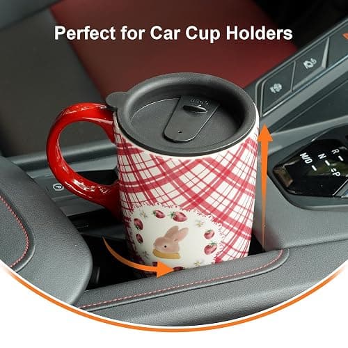 Topadorn Coffee Mug with Gift Box – 17 Oz Ceramic Travel Mug, Cute Bunny Cup with Spill-Proof Lid, Microwave & Dishwasher Safe, Pink Grid Rabbit Design thumbnail 5