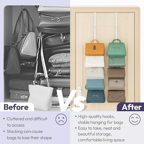 SWTYMIKI Over the Door Purse Organizer - 2 Packs Wall Mounted Purse Rack with 5 Hooks Design, Hanging Handbag Organizer Storage Holds up to 10 Bags, Bag Rack for Closet, Door (White) thumbnail 5