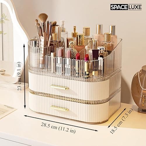 SpaceLuxe Makeup Organizer with Drawers and 360° Rotating Brush Holder, Large Capacity Cosmetic Storage for Vanity, Skincare, Perfume, Hair Accessories, Lipstick & Jewelry (Cream White, 3-layer) thumbnail 2