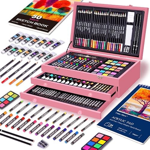 175 Piece Deluxe Art Set with 2 Drawing Pads, Acrylic Paints, Crayons, Colored Pencils, Paint Set in Wooden Case, Professional Art Kit, Art Supplies for Adults, Teens and Artist, Paint Supplies - Pink thumbnail 4