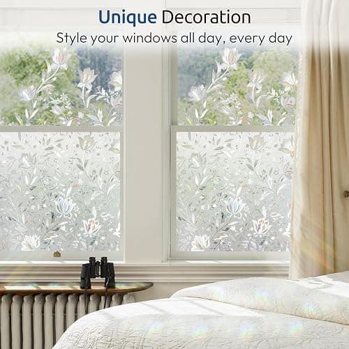 rabbitgoo Window Privacy Film, Decorative Stained Glass Window Film, Sun Blocking Glass Clings, Renter-Friendly Static Cling Frosted Sticker Covering for Home Door, Rainbow Tulip 35.4" x 78.7" thumbnail 6