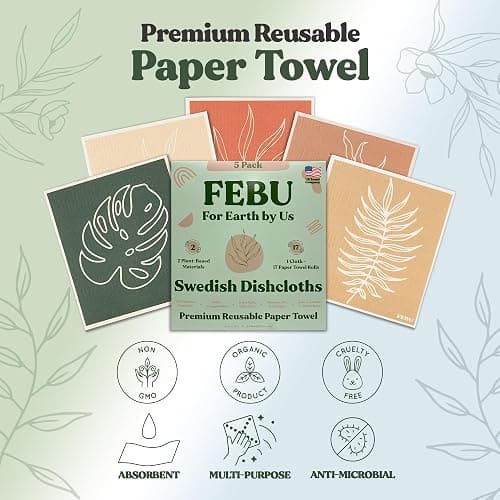FEBU Swedish Dishcloths for Kitchen | 5 Pack Floral Reusable Paper Towels Washable | Swedish Dish Towels | Non-Scratch Cellulose Sponge Cloths | No Odor, Biodegradable Cleaning Cloths thumbnail 8