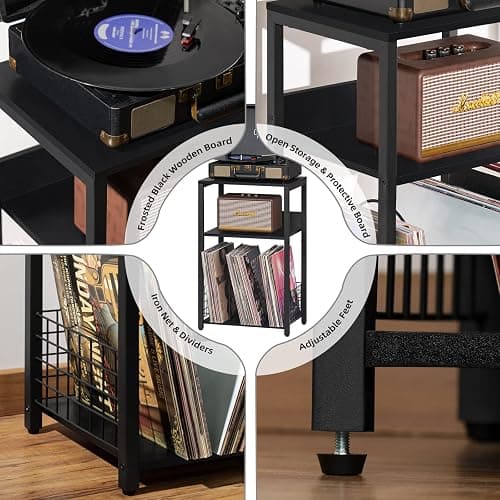 LELELINKY Black End Table, Small Side Table with Metal Frame,Modern Record Player Stand with Storage Shelf, Wood 3 Tier Sofa Bedside Tables, Narrow Nightstand for Living Room Bedroom Office thumbnail 7