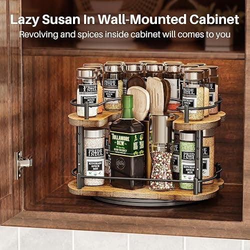 Lazy Susan Organizer Spice Rack - Spice Organization for Cabinet Height Adjustable Rotating Lazy Turntable, Pantry Kitchen Wood Revolving Seasoning Organizer (12 Inch) thumbnail 7