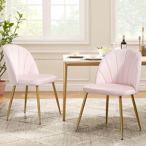 Newnno Velvet Dining Chairs Set of 4, Upholstered Mid Century Modern Dining Chairs, Armless Accent Chair with Metal Gold Legs for Living Room, Kitchen, Dining Room, Pink thumbnail 2