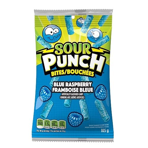 Sour Punch Blue Raspberry Bites Chewy Candy, 105g Hanging Bag - Image 1