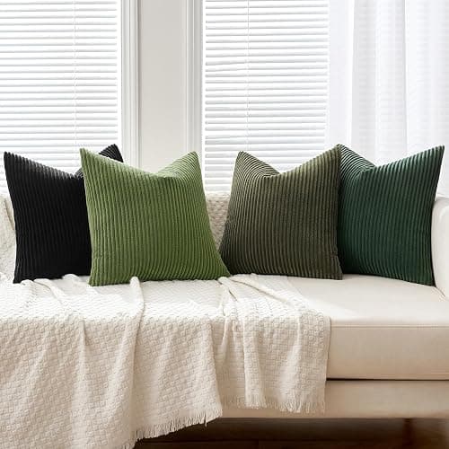MIULEE Boho Farmhouse Throw Pillow Covers 18x18 Inch Set of 4 Mordern Neutral Green Cushion Covers Soft Corduroy Nordic Home Decor for Spring Couch Bed Sofa Living Room Green-Black thumbnail 2