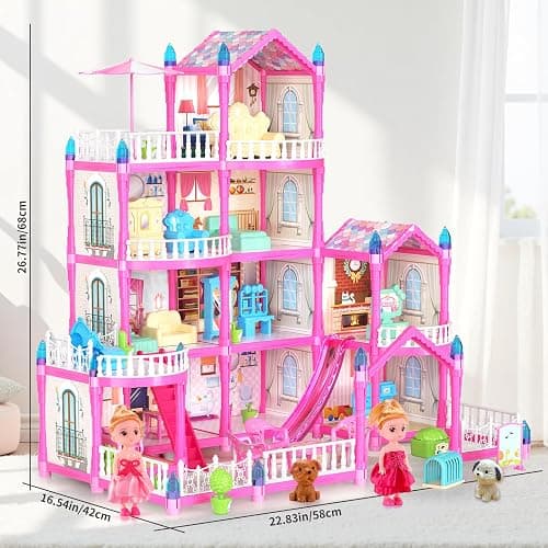 Pupu Pig Doll House Toys for Girls, Dollhouse with Glow in The Dark, Kids Doll House Playset with 4-Story 14 Play Areas, 2 Dolls, Toy Dogs, Dollhouse Accessories and Furniture, Princess Toy Gifts thumbnail 3