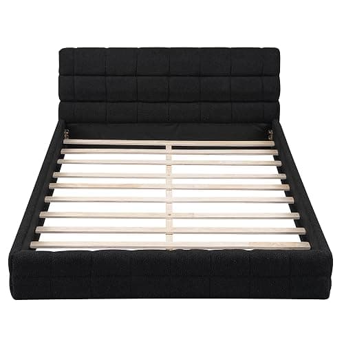 SOFTSEA Queen Size Upholstered Platform Bed Frame, Fleece Fabric Floor Platform Bed with Soft Headboard, Queen Grounded Bed Frame with Wood Slats for Kids Teens Adults, Easy Assembly (Black) thumbnail 9