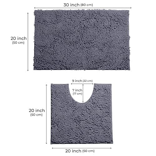 LuxUrux Bathroom Rug Set 2 Piece, Soft Absorbent Cheinlle Microfiber Bath Mat with Contour Toilet Rug, Non-Slip, Machine Wash Dry, Plush Shaggy Mats for Bathroom (20"x 30"+20"x 20" U-Shaped Gray) thumbnail 2